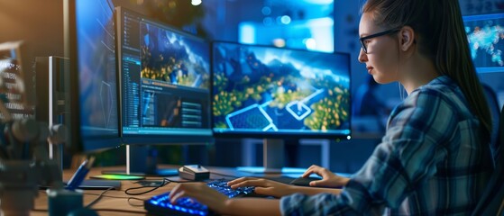 Using a double display personal computer and two monitors, a female game developer designs levels in a creative workspace.
