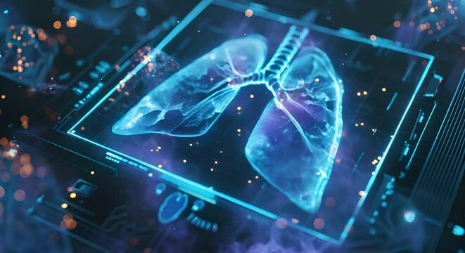 Holographic lung icon for diagnosing lung diseases such as cancer pneumonia and viral infections. Medical Illustration Concept, Holographic Technology, Lung Disease, 3D Rendering.