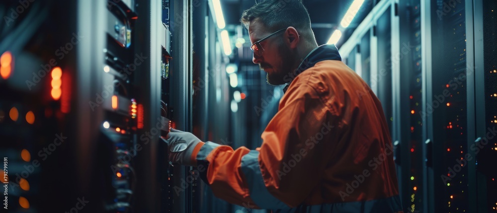 Poster an it engineer installs a hard drive in a server rack in a fully functioning data center. technicall