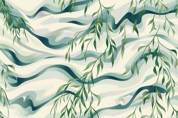 Seamless pattern with willow branches and winding river.