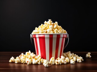 A huge red and white bucket of salted popcorn on a wooden table on a black background. Some of the popcorn spilled on the table. Copy space