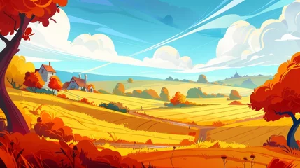  Autumn landscape with orange agriculture fields. Modern cartoon illustration of countryside countryside with farmlands in fall, harvest season. © Mark