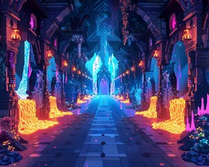 Bring the magical runway to life with a pixel art representation of the mystical creature fashion show, focusing on unexpected camera angles to showcase unique designs and vibrant colors, 3D style