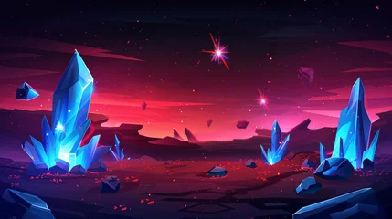 Rolgordijnen Space game background with desert cracked ground surface with blue crystals and red rocks, flying stone and cosmic dust, glowing star in sky cartoon modern illustration. © Mark