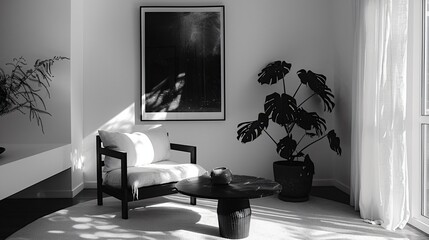 Sleek Artistic Expression Monochrome Art Frames Accented by Subtle Plant Shadows in Japandi Room