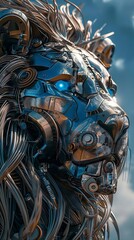 Capture the robotic lions electric blue eyes in startling closeup, juxtaposed against a metal mane glistening in the sun, merging futuristic tech with primal allure, digital rendering techniques, 3D i