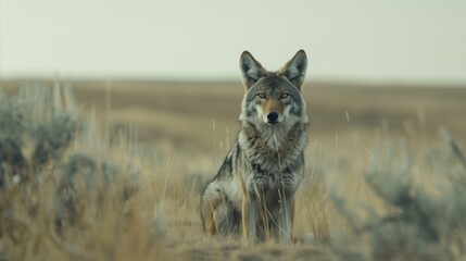 A solitary HD coyote, its gaze fixed on the horizon, with a blurred landscape highlighting its resilience in the wilderness - obrazy, fototapety, plakaty