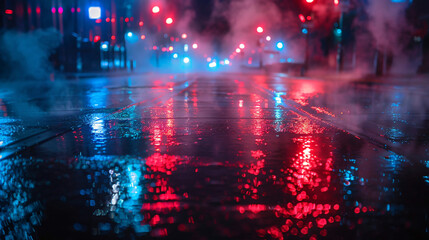 Wet asphalt reflection of neon lights a searchlight 