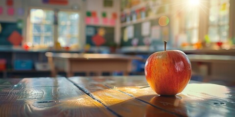 An apple on the desk in the classroom. Back to school concept