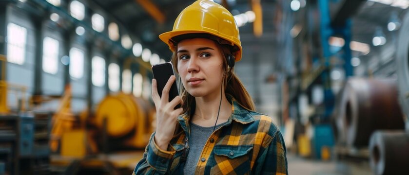 Female industrial worker with hard hat holds mobile phone while walking through heavy industry manufacturing factory. In the background, several metalwork parts are lying on the floor.
