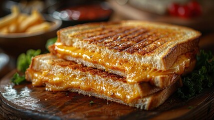 A slice of grilled cheese sandwich, its golden-brown bread and melted cheese oozing with goodness. - obrazy, fototapety, plakaty