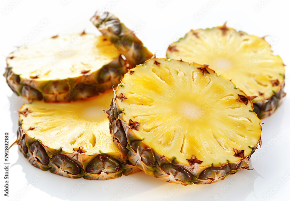 Wall mural slices of juicy yellow pineapple on white studio background, isolated fruit - Wall murals