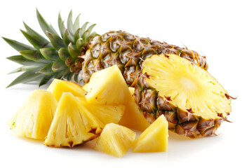 slices of juicy yellow pineapple on white studio background, isolated fruit