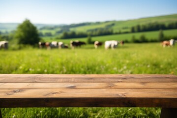 Empty wooden table top and blurred background of cows on green field and meadow with grass. Space for design your product.