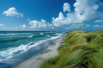 Strand, Dünen mit Strandgras im Wind, blaues Meer und Himmel im Hintergrund.