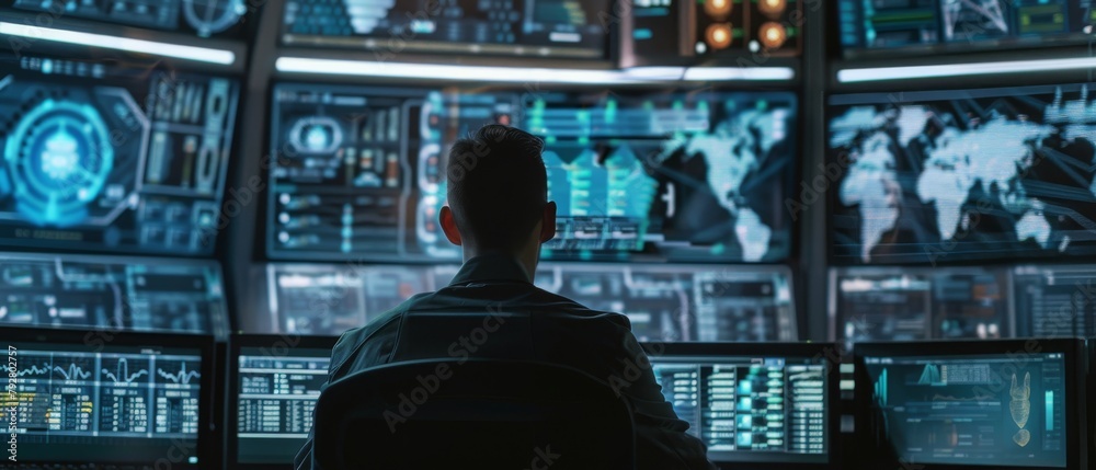 Poster technical operator in the system control room works at his workstation with multiple displays showin