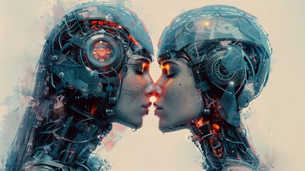 Illustrate a futuristic love story using traditional art mediums like watercolor or colored pencil Show dynamic side views with surprising camera angles to convey emotion and innovation, Magazine Phot