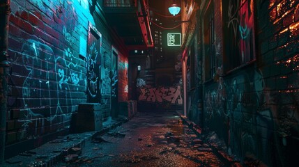 Softly lit alleys filled with graffiti and neon hues adding a touch of urban flair to any design project. .