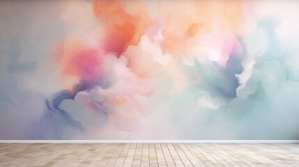 A modern room featuring an abstract, colorful cloud mural with a spacious wooden floor