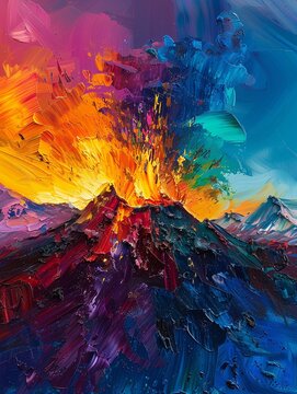 Colorful and energetic abstract depiction of a volcano in oil paint, using a palette knife to create texture, set on a vibrant background with dramatic light and color highlights