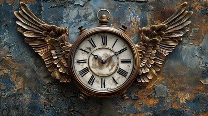 Fototapeta na wymiar Antique Winged Clock on Textured Background - Time Flies Concept