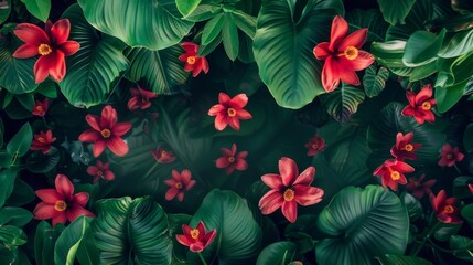 Red petals and flowers suspended in the air against a backdrop of lush green foliage