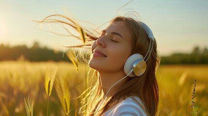 Create an image of a young woman in a field, with headphones on, her hair caught in the breeze as she enjoys music