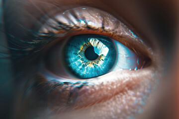 A macro photo of a person's eye, showcasing the intricate details of a blue iris and pupil with...