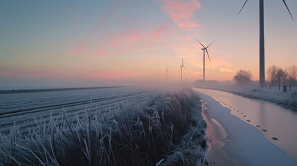 Wind turbines in a field in the Netherlands during sunset - obrazy, fototapety, plakaty