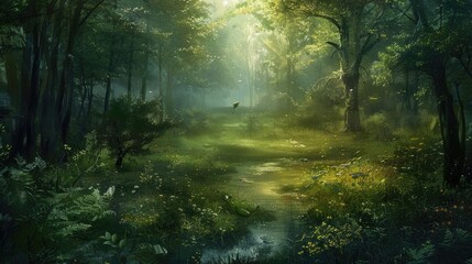 A tranquil forest clearing bathed in the soft light of dawn, a haven of peace and solitude amidst the chaos of the world.