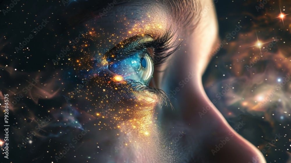 Wall mural a close up of a person's eye with a galaxy background