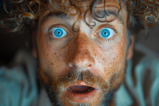A man with a surprised expression, his eyes widening and mouth dropping open in shock