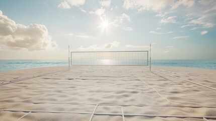 Blank mockup of a beach volleyball court with branded sand anchor pads featuring a popular music...