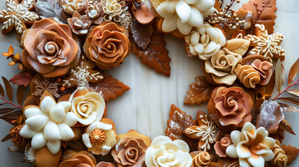 A decorative wreath made of dried leaves and flowers, a natural44. A row of beautifully decorated sugar cookies, tempting the taste buds.