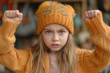A child with a furrowed brow and clenched fists, expressing frustration and anger at something unfair - obrazy, fototapety, plakaty