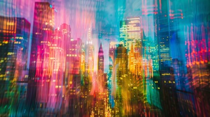 Obraz na płótnie Canvas In this defocused photograph the city skyline is transformed into an abstract painting of vibrant colors and streaks of light representing the dynamic and everchanging nature of urban .