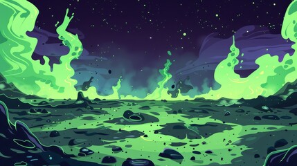 Space adventure game background with green alien planet surface with craters and poisonous smoke. Cartoon modern illustration showing the deadly gas or vapor on the uninhabited ground under a starry - obrazy, fototapety, plakaty