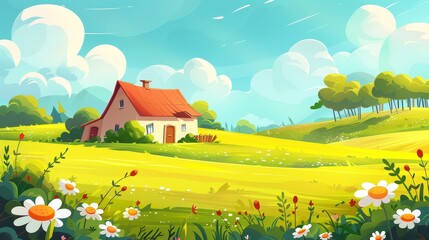 An illustration of a summer rural landscape with a house, farm buildings, green fields and white clouds under a blue sky. A modern illustration of countryside with flowers and flowers in bloom.
