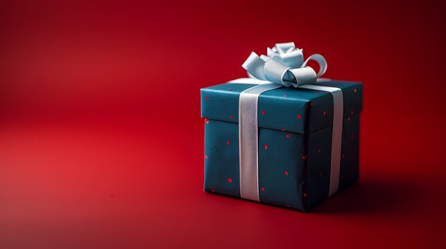A small blue gift box with a white ribbon, carefully positioned on a solid red background, symbolizing the joy of the holiday season.