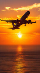 Fototapeta na wymiar A plane is flying over the ocean at sunset