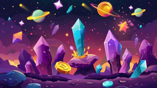 Floating rocks with crystals and golden bonus items against night sky, flying meteorites, and alien planets. Modern cartoon illustration.