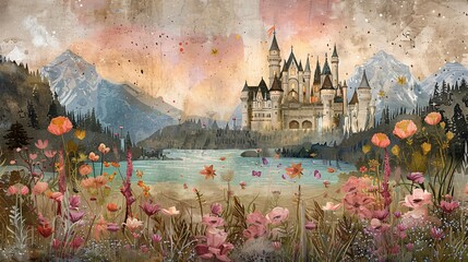 Fototapeta premium Whimsical panel wall art on marble illustrated with fairy tale castles and mythical flora