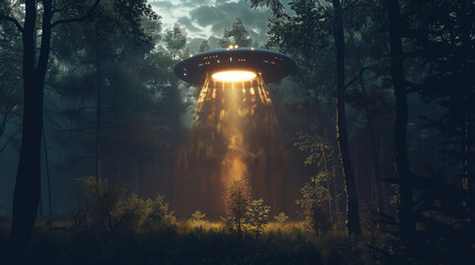 Ufo in the woods with a light beam illuminating the darkness - obrazy, fototapety, plakaty
