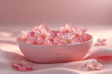 Gentle pink cherry blossoms in a soft white bowl, resting on a smooth silky draped fabric with soft lighting