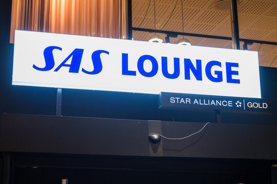 Copenhagen, Denmark - April 7, 2024: SAS Lounge entrance sign for Star Alliance Gold clients at Copenhagen (Danish: Kobenhavn) Kastrup Airport. SAS Business Lounge.