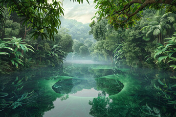 A conceptual image showing a lung-shaped lake in a lush and pristine jungle. 3d rendering