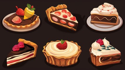 An Italian bakery cafe menu with a variety of traditional desserts isolated on a black background. These cakes include sweet cookies, pastry with cream, pies, tiramisu, and panna cotta.