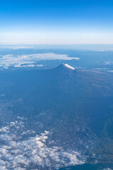 A birds eye view close-up the Mount Fuji ( Mt. Fuji ) and blue sky. Scenery landscapes of the...