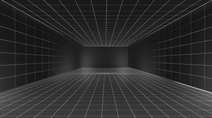 Detailed 3D perspective of black wireframe room background with walls, ceilings, floors, corners. Abstract virtual space.