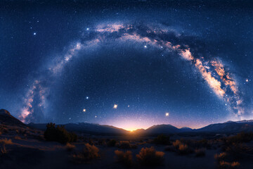 A mesmerizing panorama of the Milky Way galaxy unfolding above a serene desert mountain range at night.